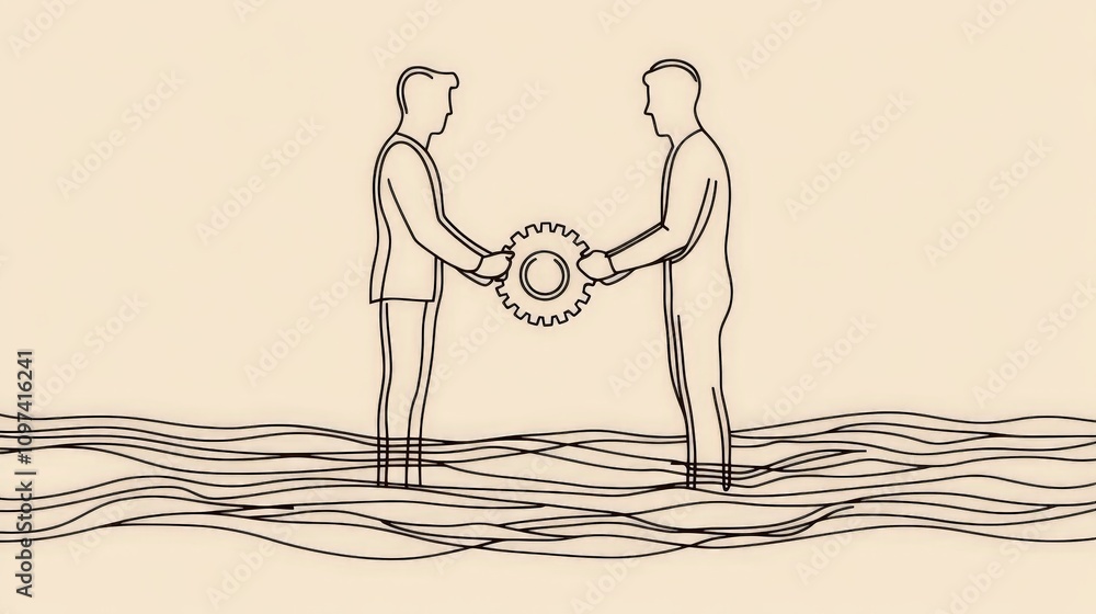 Poster line art of two individuals holding a gear together symbolizing teamwork partnership and problem sol