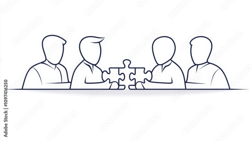 Poster minimalist illustration of a group of professionals discussing puzzle pieces symbolizing collaborati