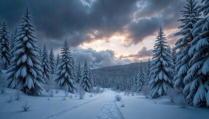 Fototapeta premium Winter Storm Landscape with Snowy Forest