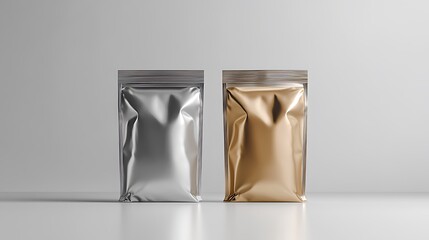 Two metallic pouches silver and gold stand on white background
