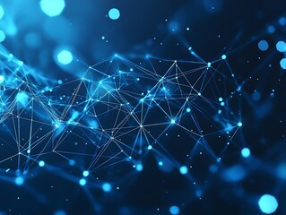 Fototapeta premium Futuristic low-poly geometric abstract design with blue wireframe and glowing orange network connections