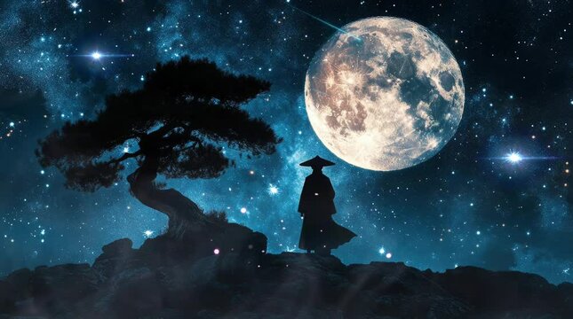 the silhouette of a samurai with the silhouette of a large bonsai tree and the moon at night. Virtual 4K video animation background with looping time lapse with very smooth graphics.