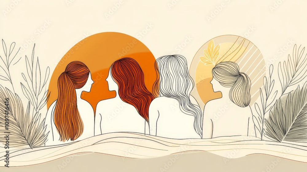 Poster abstract line drawing of women talking in a circle symbolizing community connection and shared ideas