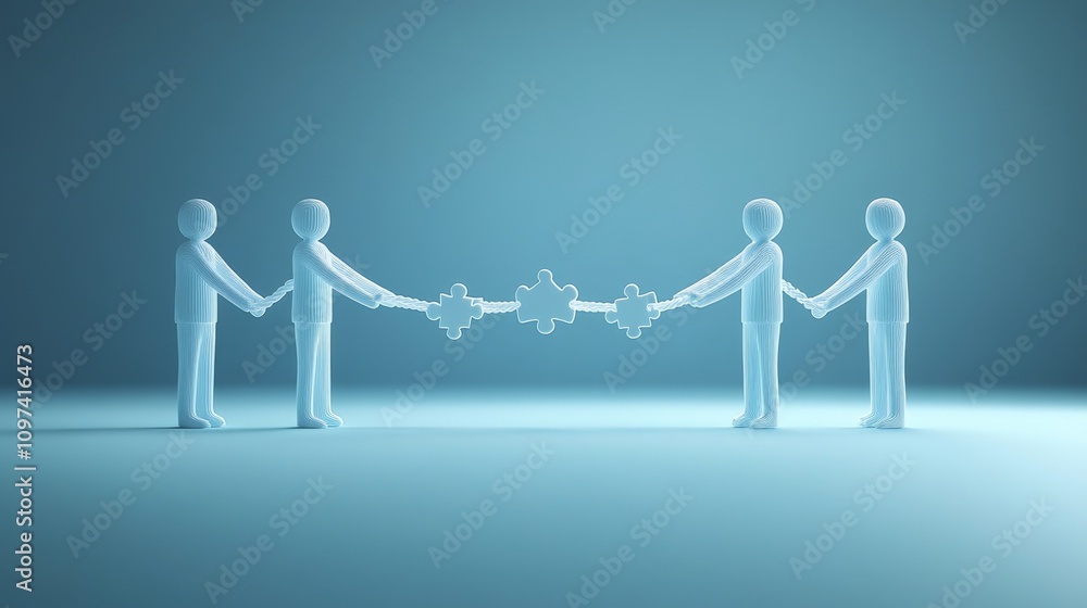 Poster illustration of figures holding puzzle pieces symbolizing teamwork unity and collaboration in proble
