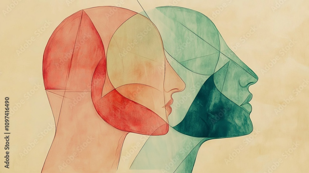 Poster overlapping multicolored human profiles in abstract art symbolizing identity diversity and interconn