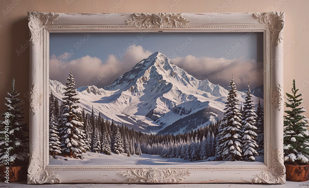 Poster a framed painting of a snowy mountain landscape with pine trees. the painting is framed in a white f