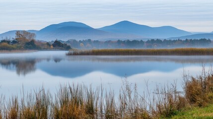 Fototapeta premium Serene Autumn Lake Mirroring Misty Mountains