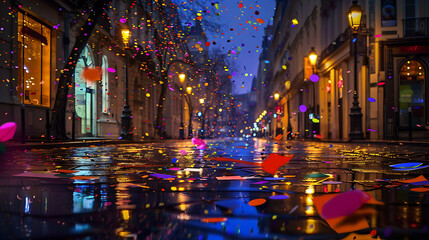 Charming Nighttime Street with Colorful Confetti and Reflections on Wet Pavement in a Vibrant Urban Setting During Festive Celebration