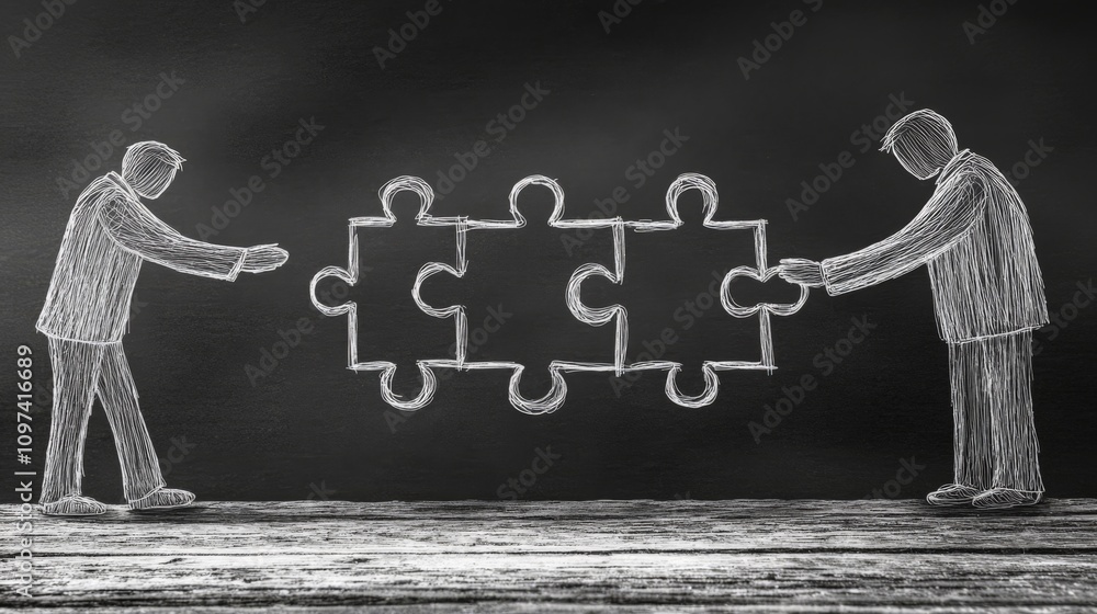 Poster black and white photo of individuals exchanging large puzzle pieces symbolizing teamwork collaborati