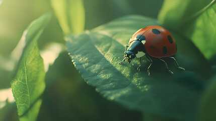 Fototapeta premium Ladybug on Leaf: Macro Photography, Nature, Insect, Close-up, 3D Rendering