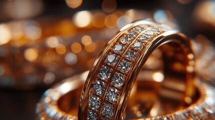 Shiny golden ring with sparkling diamonds, showcasing elegance and luxury. Perfect for special occasions or as gift