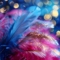 Obraz premium Vibrant Collection of Colorful Feathers with Soft Bokeh Background and Sparkling Details Perfect for Artistic and Creative Projects