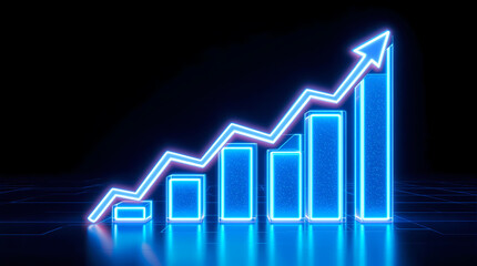 Neon blue glowing bar graph, upward trend, financial growth chart, digital background