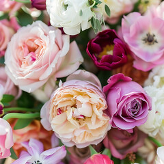 Beautiful and Vibrant Floral Arrangement with Pink, White, and Purple Roses Featuring Lush Greenery and Delicate Flower Petals in a Stunning Display