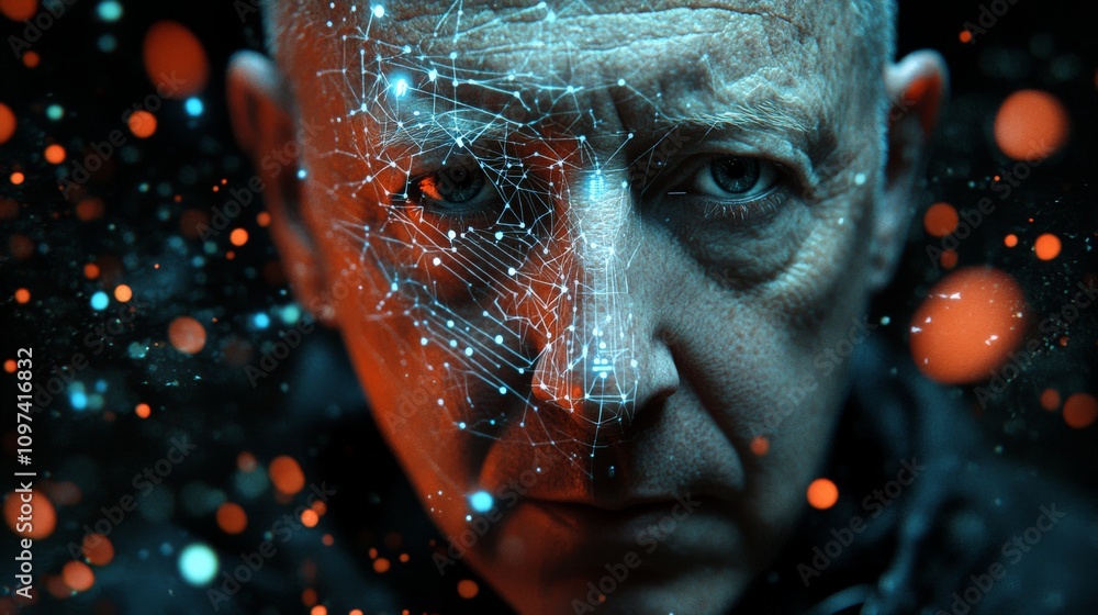 Poster close up portrait of a man with digital fragmentation symbolizing data security privacy and technolo
