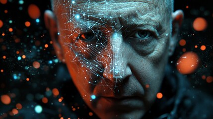 Close up portrait of a man with digital fragmentation symbolizing data security privacy and technology in a dramatic and conceptual composition