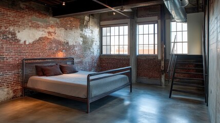 Industrial Loft Bedroom with Exposed Brick Walls and Metal Bed