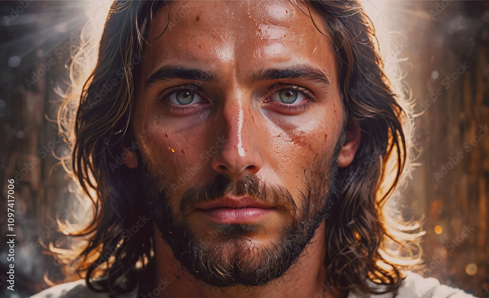 Poster a man with a beard and long hair is looking at the camera. the image has a religious theme, as the m