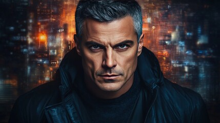 Intense man with chiseled features in a leather jacket standing in a cyberpunk cityscape at night exuding determination mystery and a gritty futuristic ambiance enhanced by glowing lights