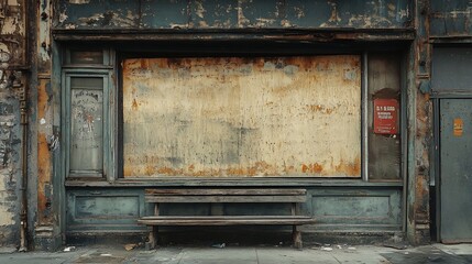 Abandoned shop front with boarded-up windows and a bench.