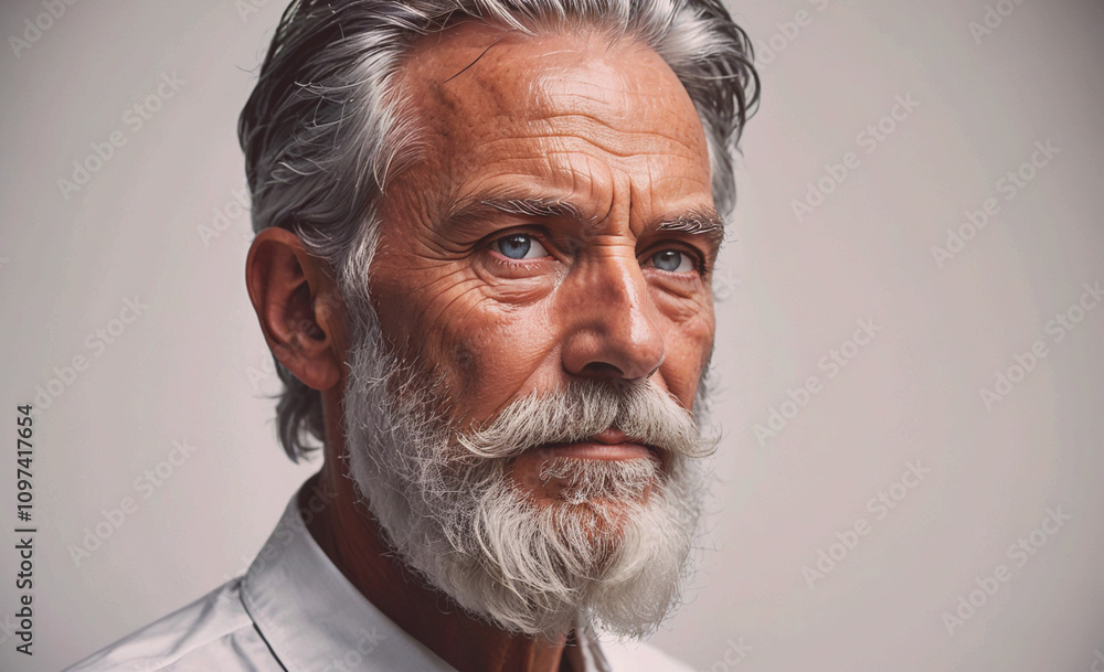 Poster a man with a white shirt and a beard is looking at the camera. he has a serious expression on his fa