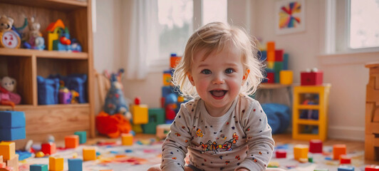 A baby is sitting on the floor in a room full of toys. The room is brightly lit and the baby is smiling