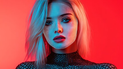Fototapeta premium Young woman with blonde hair illuminated by bold red and blue gradient lighting staring intensely at the camera showcasing modern creative and futuristic aesthetics