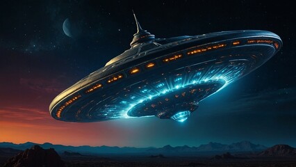 Obraz premium Alien Spaceship (UFO) Flying at Night: Mysterious Scene with the Moon Illuminating the Sky