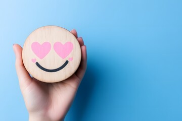 Hand holding wooden smiley face with pink hearts on blue background, happiness and love concept