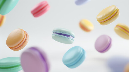 Colorful Macarons Floating in a Light Background, Perfect for Sweet Treats and Desserts, Ideal for Culinary, Baking, or Pastry Themes in Stock Photography Use