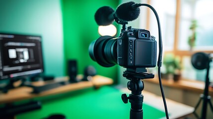 A bright and clean studio setup for live selling, showcasing a green screen, high-quality camera equipment, a microphone stand, and softbox lights.