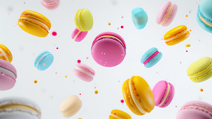 Colorful and Delicious Macarons in Air with Floating Vibrant Elements Creating a Sweet and Playful Atmosphere for Food Lovers and Pastry Enthusiasts
