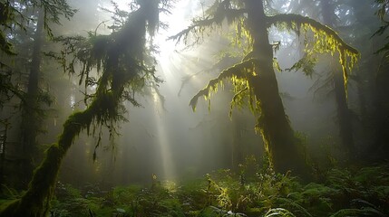 Sunlight beams through a misty forest, illuminating moss-covered trees.