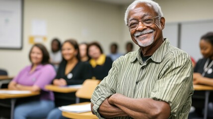 Senior male instructor smiling confidently in a classroom full of diverse students, showcasing an engaging learning environment and positive mentorship experience.