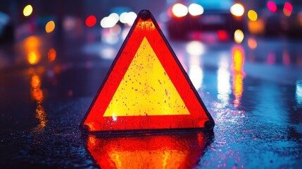 Bright Orange Warning Triangle on Rainy Street at Night, Illuminated by Traffic Lights and Cars, Symbolizing Caution and Safety in Urban Environment