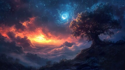 Naklejka premium Sunset and Moonlit Fantasy Landscape: A Dreamlike Scenery Above the Clouds