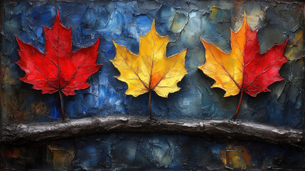 Colorful autumn maple leaves on tree branch create vibrant scene. rich reds, yellows, and oranges contrast beautifully against textured blue background, evoking sense of warmth and seasonal change