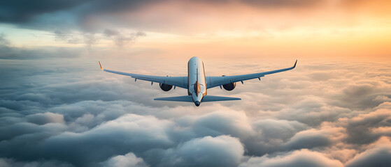 Obraz premium Airplane Flight Above Clouds Sunset 3D Rendering Sustainable Aviation