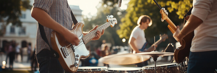 Musicians engage in an energetic outdoor performance with electric guitars and drums, capturing the passion and unity of live music amidst nature.
