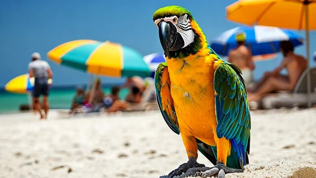 Colorful parrot standing on a sandy beach with sun umbrellas in the background during a sunny day