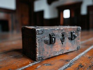 Antique wooden box on wooden floor.