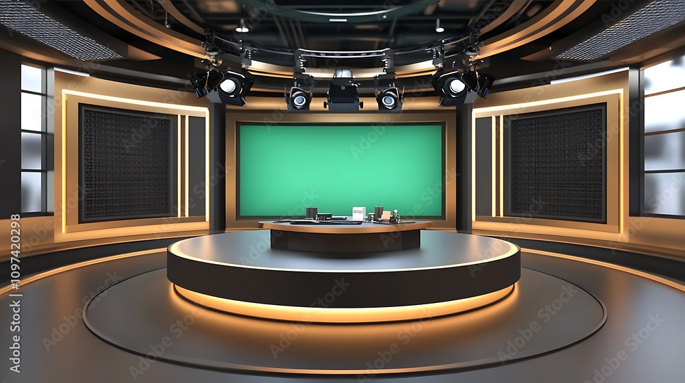 Poster an empty but fully equipped studio for live selling, with a large green screen backdrop, a table for