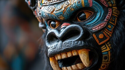 Close-up of a vibrant, intricately carved gorilla mask with detailed Mayan-inspired patterns and intense expression.