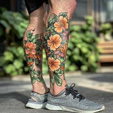 Vibrant Floral Leg Tattoo: A Botanical Masterpiece