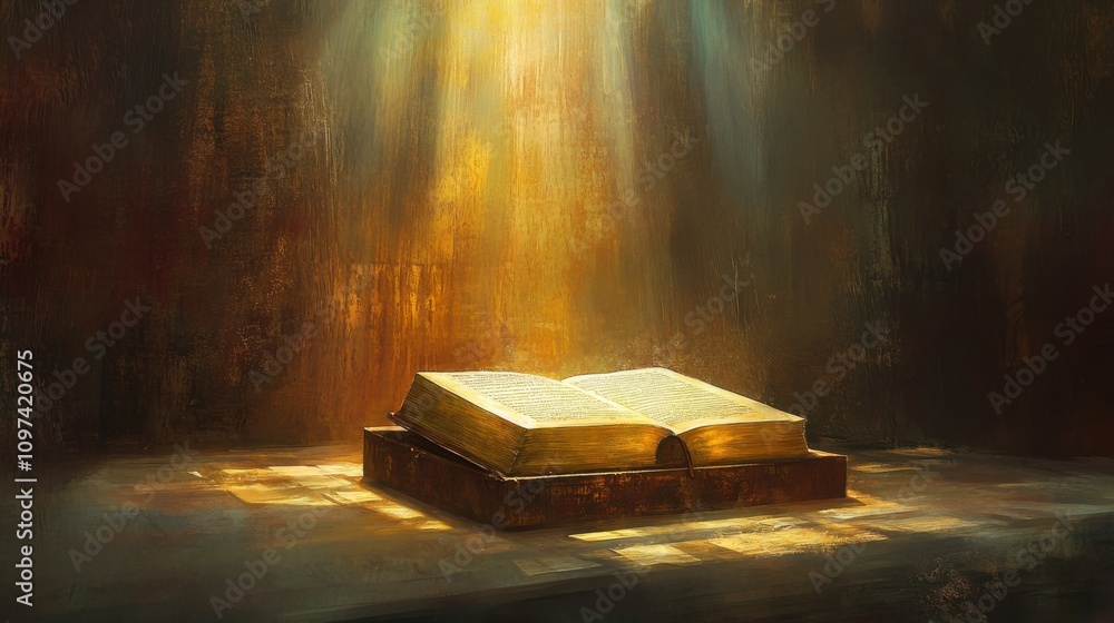 Poster an open book illuminated by soft sunlight casting warm glows on its pages against a dark background 