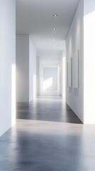 A modern interior with empty white walls and concrete flooring, ideal for art exhibition or gallery space, with bright lighting. 3D Rendering