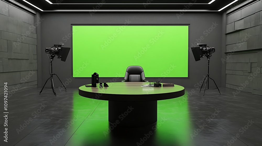 Poster an empty but fully equipped studio for live selling, with a large green screen backdrop, a table for