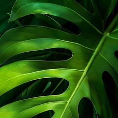 Lush Green Monstera Leaf Close-Up Showcasing Intricate Texture and Vibrant Shades in a Tropical Environment