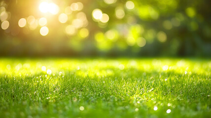 Naklejka premium Sunlight creates a warm glow on fresh green grass in a serene outdoor setting