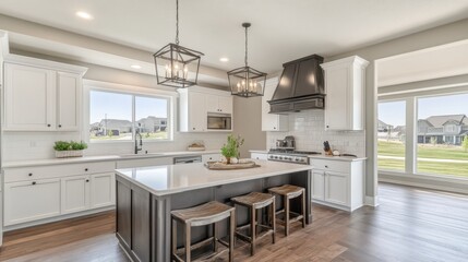 Modern Kitchen Interior Design Featuring Elegant White Cabinets, Spacious Island, Stylish Lighting Fixtures, and Open View of Outdoor Landscape in Bright Natural Light